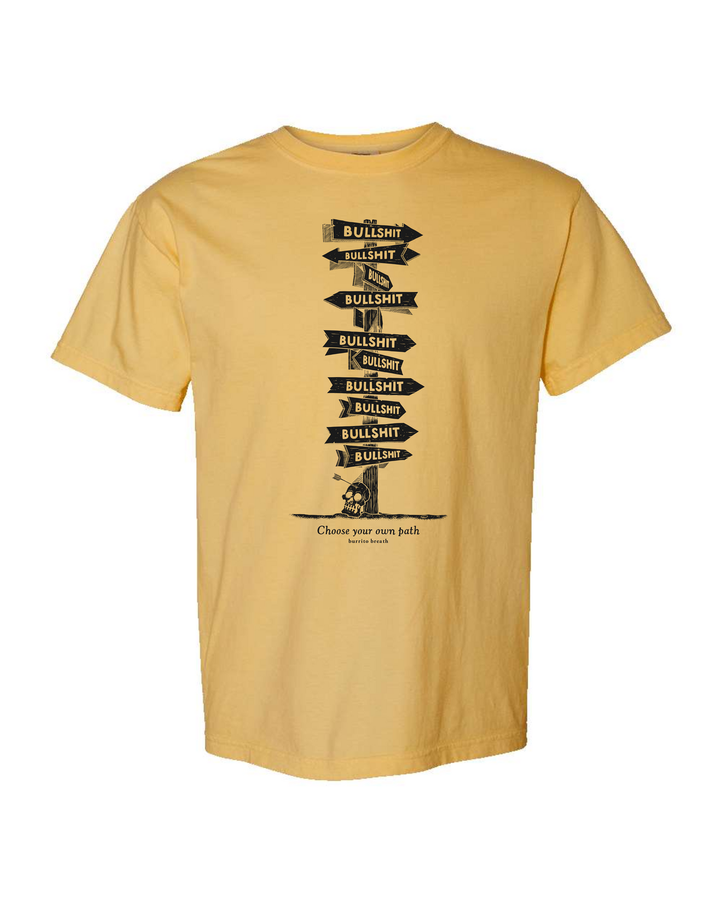 Mustard Comfort Colors 1717 t-shirt with the black Bullshit design by Burrito Breath, screen printed by RVA Threads