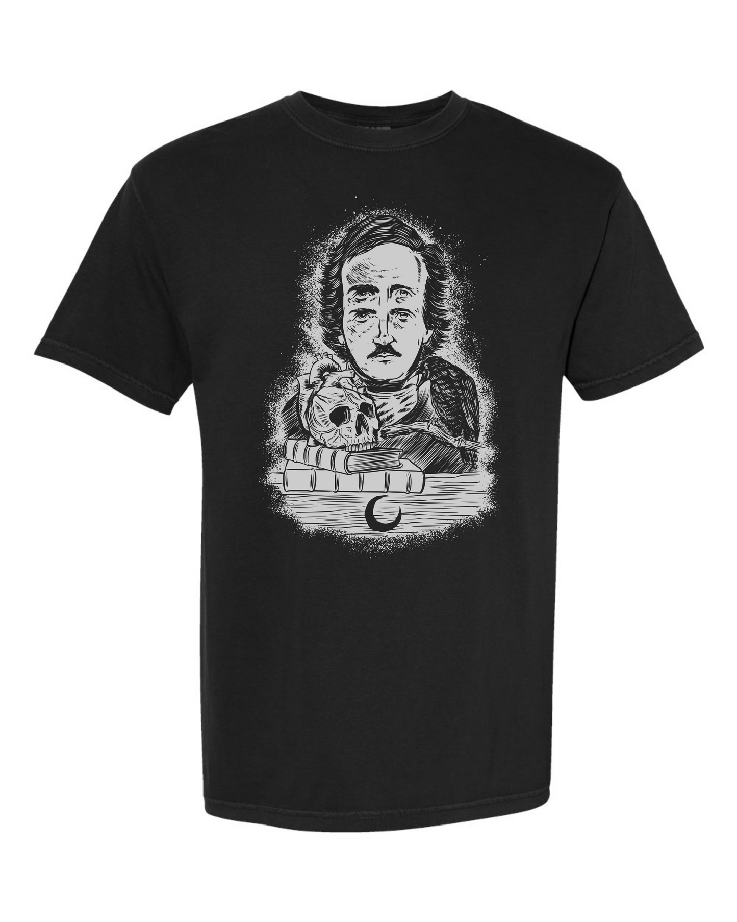 Black Comfort Colors 1717 t-shirt with the grey Four-Eyed Poe design by Burrito Breath, screen printed by RVA Threads