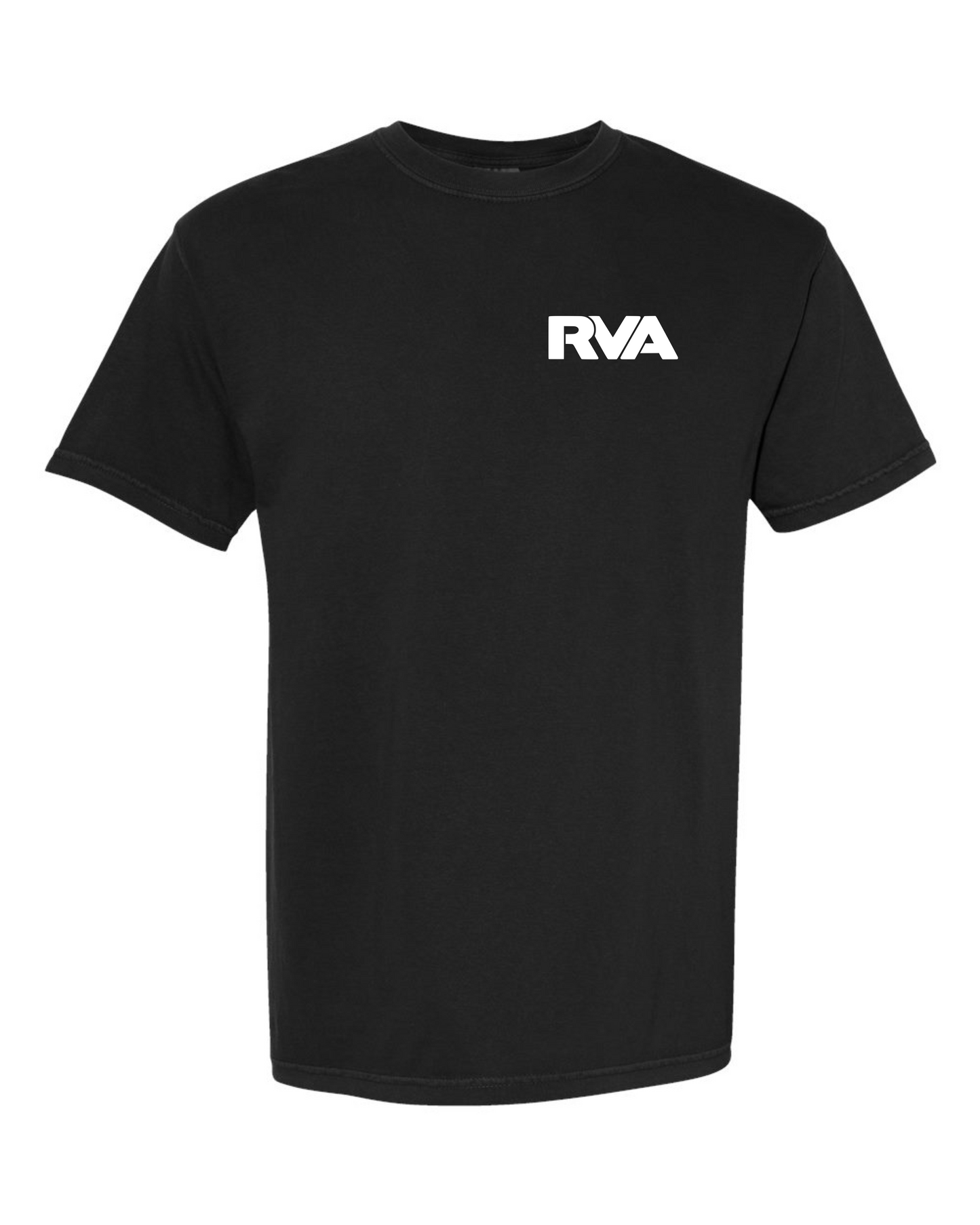 Black Comfort Colors 1717 t-shirt with a white RVA stencil logo printed on the left chest, screen printed by RVA Threads