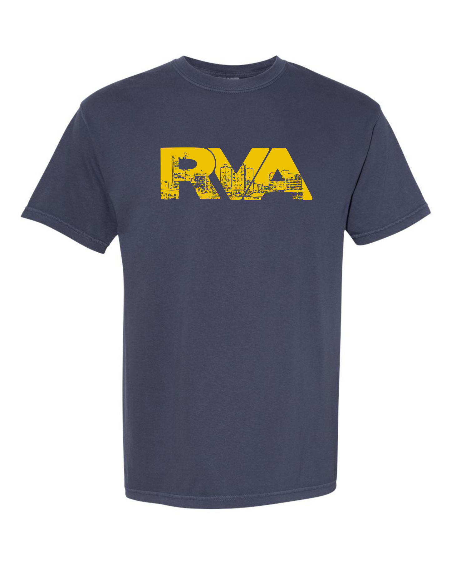Navy Comfort Colors 1717 t-shirt with a yellow RVA logo containing the Richmond skyline, screen printed by RVA Threads
