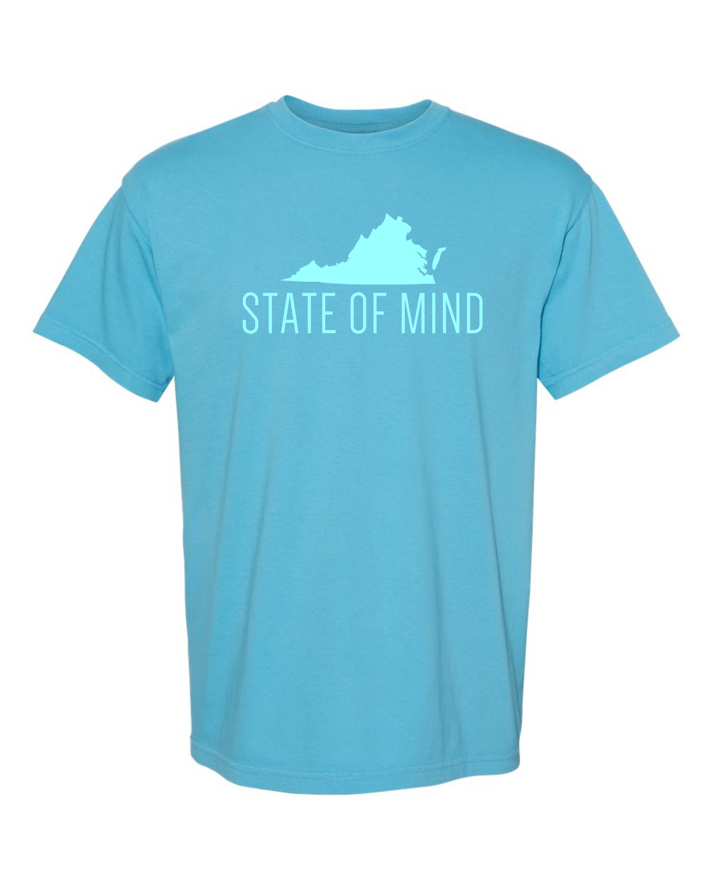 Sapphire Comfort Colors 1717 t-shirt with the ice blue VA State of Mind design, screen printed by RVA Threads