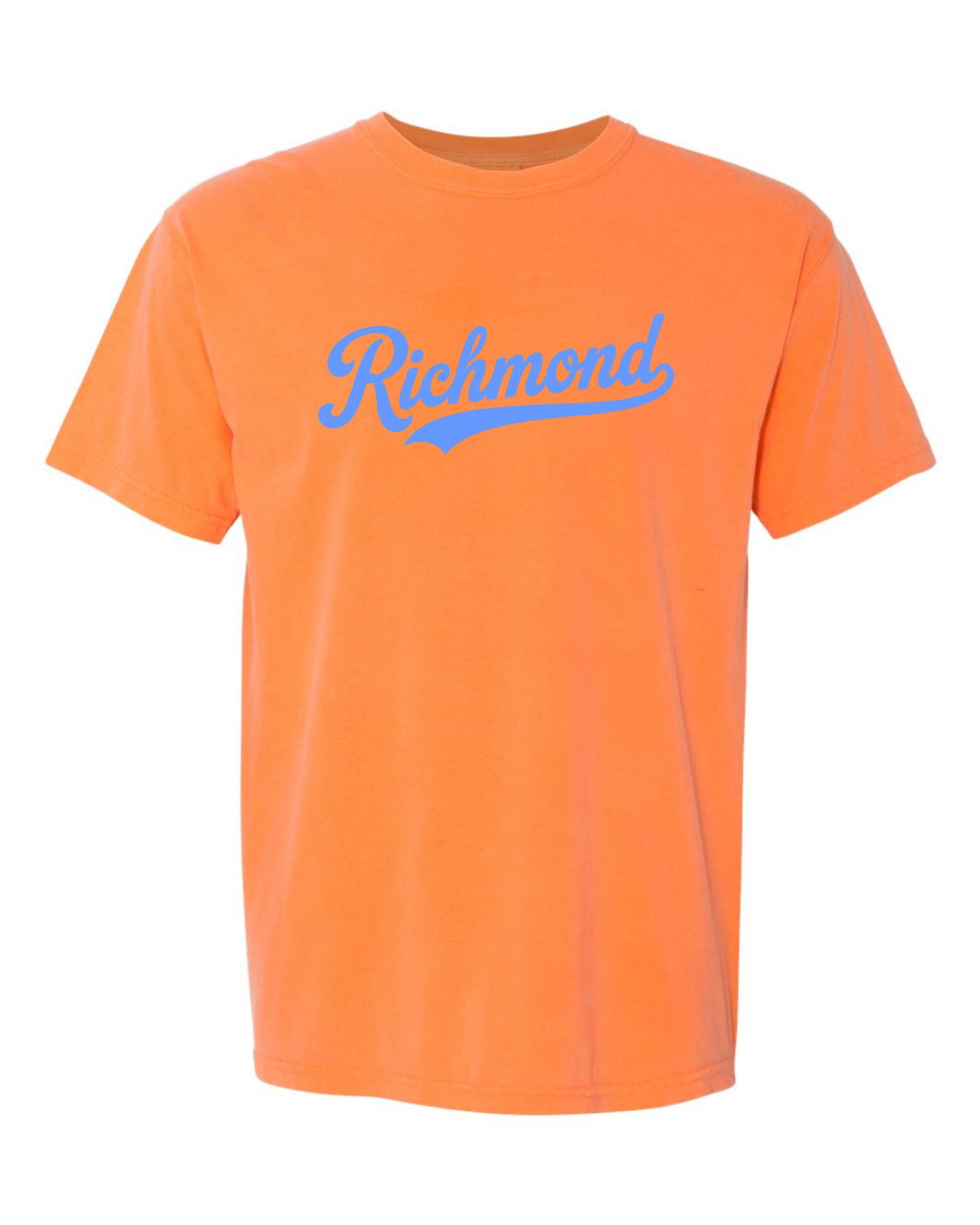 Melon Comfort Colors 1717 t-shirt with the baby blue Richmond Script design, screen printed by RVA Threads