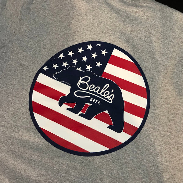 Beale's Beer American flag bear logo in full color on a heather gray tee at RVA Threads screen printing, Virginia