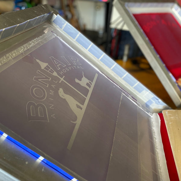 Bon Air Animal Hospital dog and cat logo screen on the press at RVA Threads screen printing, Virginia