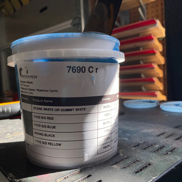 Bucket of custom mixed Pantone 7690 C blue ink on the bench, ready for the job at RVA Threads screen printing, Virginia