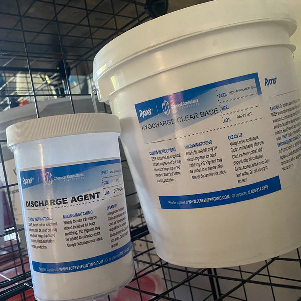 Buckets of discharge agent and discharge base on the ink shelf at RVA Threads screen printing, Virginia
