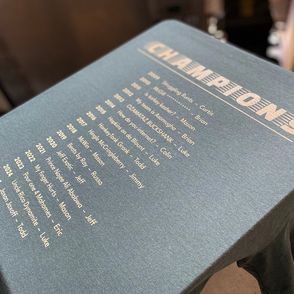 Champions list design in white ink on a heather blue shirt on the press at RVA Threads screen printing, Virginia
