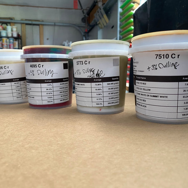 Custom mixed Pantone ink tubs lined up on the bench for a multi-color job at RVA Threads screen printing, Virginia