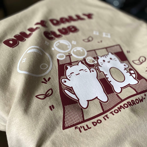 Dilly Dally Club cats design in maroon and white ink on a sand Gildan 2000 tee at RVA Threads screen printing, Virginia