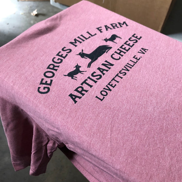 George's Mill Farm Artisan Cheese logo in black ink on a heather pink tee at RVA Threads screen printing, Virginia