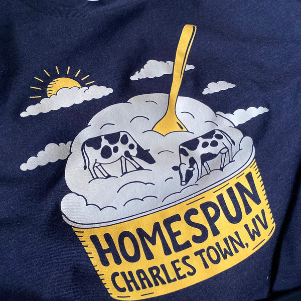 Homespun Charles Town, WV ice cream design in gold and white ink on a navy tee at RVA Threads screen printing, Virginia