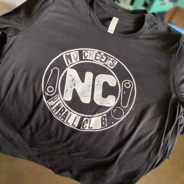 No Creeps Pinball Club design in distressed white ink on a black Bella+Canvas 3001 tee at RVA Threads screen printing, Virginia