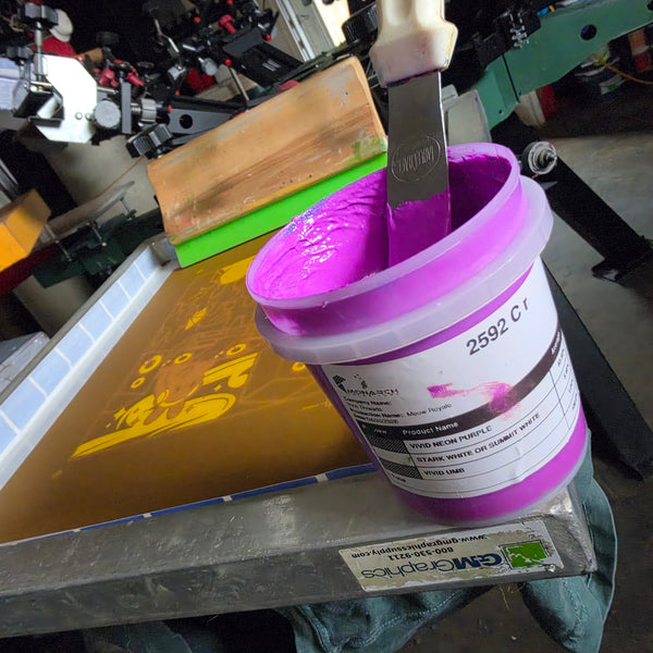 Tub of Monarch plastisol ink mixed to Pantone 2592 C purple for the Meow Royale DJ Rabbit print at RVA Threads screen printing, Virginia