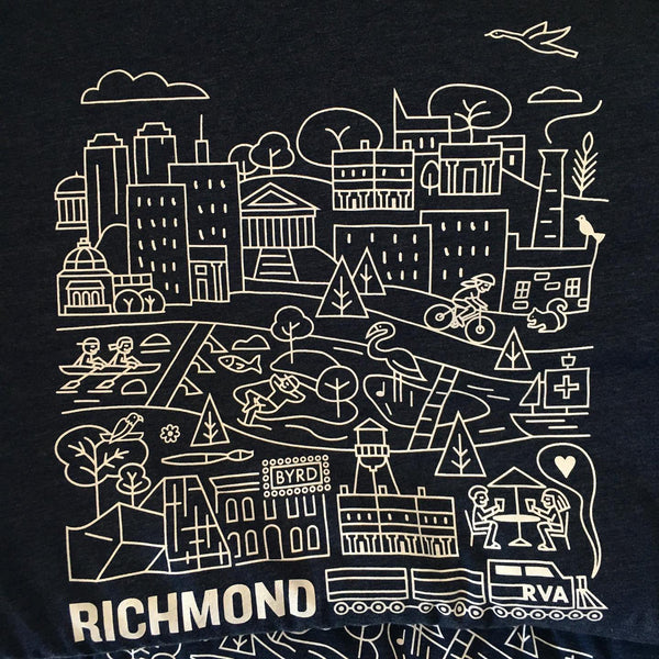 Richmond city line art illustration in white ink on a navy tee at RVA Threads screen printing, Virginia