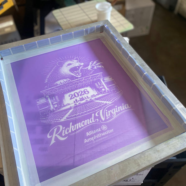 Richmond, Virginia opossum design for Allianz Amphitheater burned into a screen at RVA Threads screen printing, Virginia