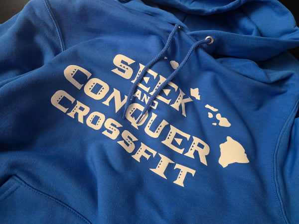 Seek and Conquer CrossFit print in white ink on a Royal Blue Champion S700 hoodie at RVA Threads screen printing, Virginia