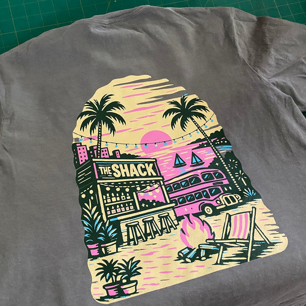 The Shack beach scene back print in full color on a gray tee at RVA Threads screen printing, Virginia