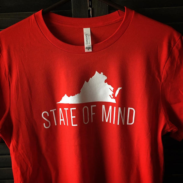 Virginia State Of Mind design in white ink on a red tee, hanging up at RVA Threads screen printing, Virginia