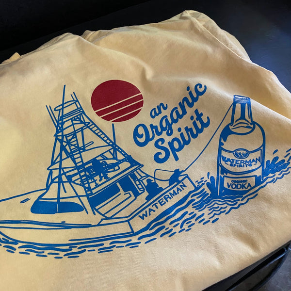 Waterman Spirits An Organic Spirit boat design in blue and red ink on a natural tee at RVA Threads screen printing, Virginia