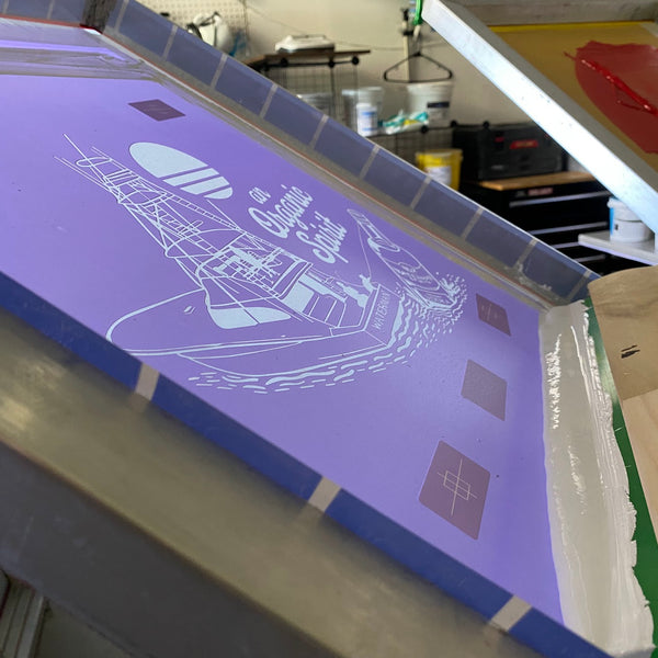 Waterman Spirits An Organic Spirit boat design screen on the press at RVA Threads screen printing, Virginia