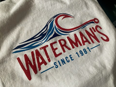 Waterman's Since 1981 wave logo in red and navy ink on a white tee, close up at RVA Threads screen printing, Virginia
