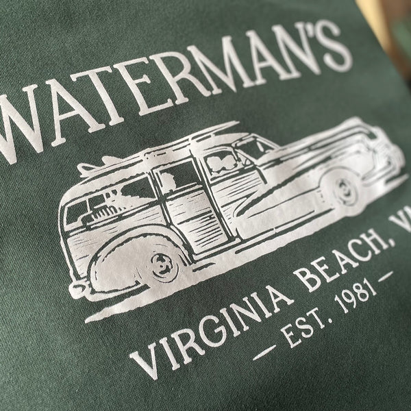 Waterman's Virginia Beach woody wagon design in white ink on a forest green hoodie at RVA Threads screen printing, Virginia