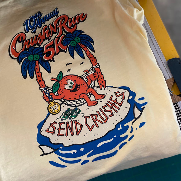 10th Annual Crush Run 5K Send Crushes design in full color on a butter tee at RVA Threads screen printing, Virginia