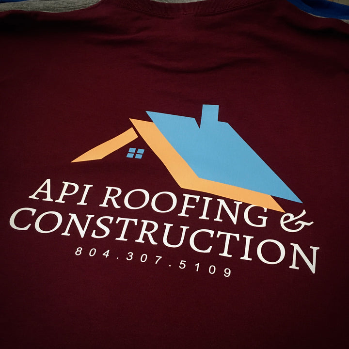 Finished API Roofing & Construction hoodie back print, screen printed by RVA Threads