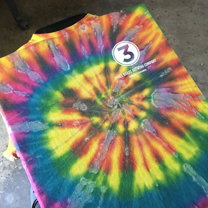 Finished 3 Roads Brewing tie-dye t-shirt, screen printed by RVA Threads