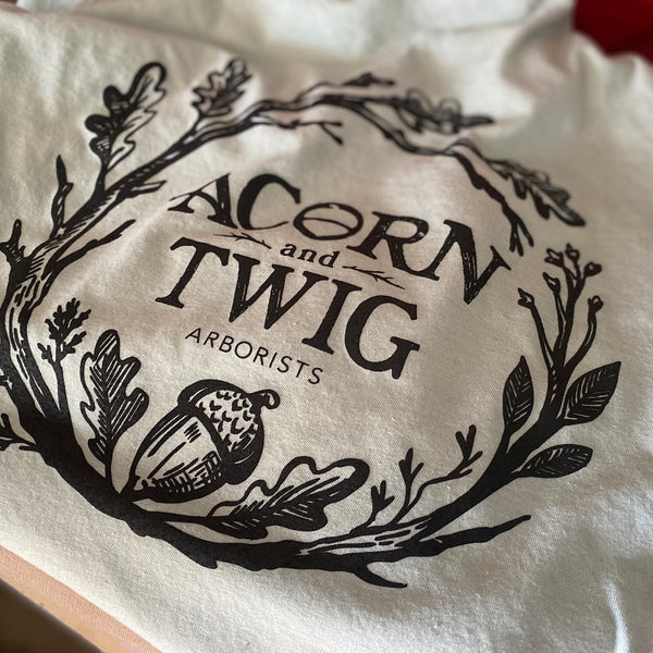 Acorn and Twig Arborists screen printed shirt at RVA Threads screen printing, Virginia