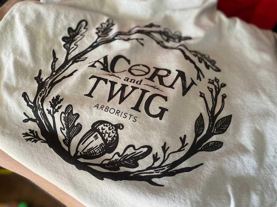 Acorn and Twig Arborists screen printed shirt at RVA Threads screen printing, Virginia