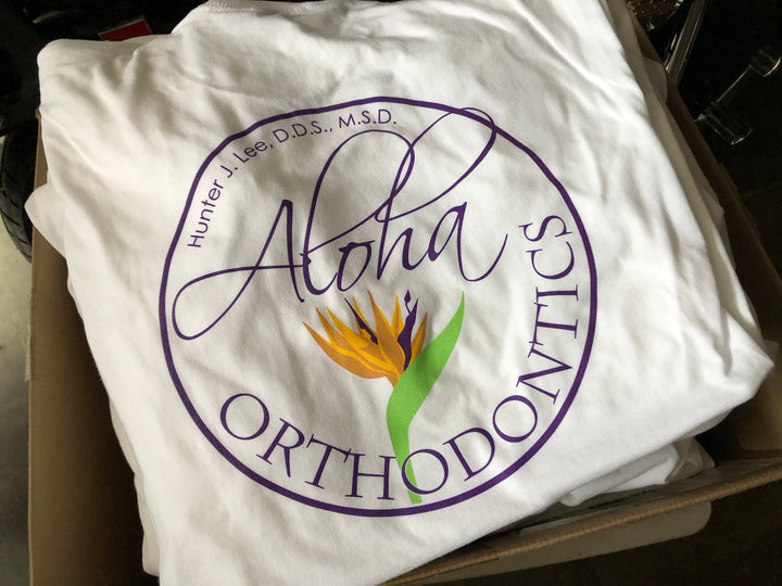 Finished Aloha Orthodontics t-shirt back print, screen printed by RVA Threads