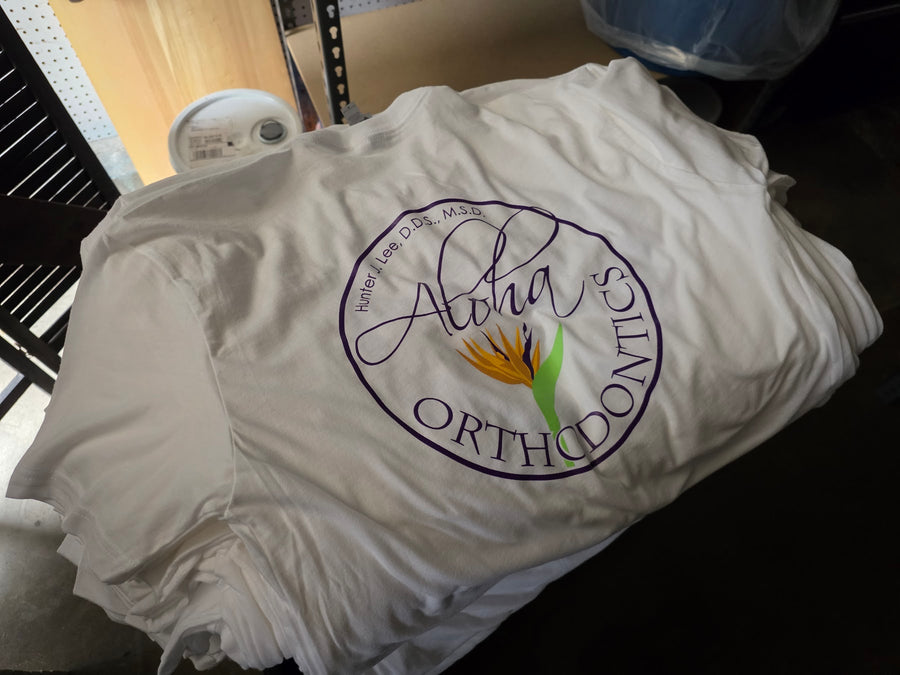 Aloha Orthodontics custom screen printed shirts at RVA Threads screen printing, Virginia
