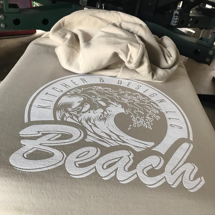 Finished Beach Kitchen and Design hoodie back print, screen printed by RVA Threads