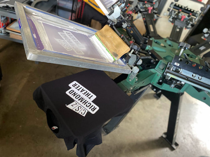 Finished CSZ Richmond Theater t-shirt, screen printed by RVA Threads