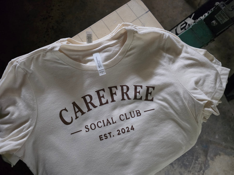 Carefree Social Club Est. 2024 screen printed t-shirt at RVA Threads screen printing, Virginia