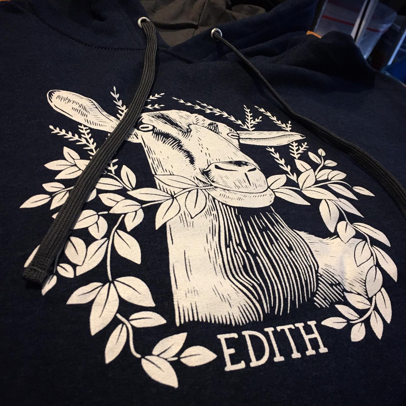 Custom screen printed sweatshirt features goat Edith for Georges Mill Farm and Artisan Cheese.
