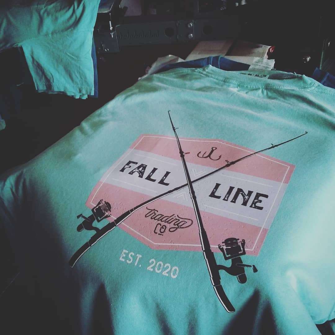 Fishing pole t-shirt design by Fall Line Trading Co., screen printed by RVA Threads on Comfort Colors t-shirt. 