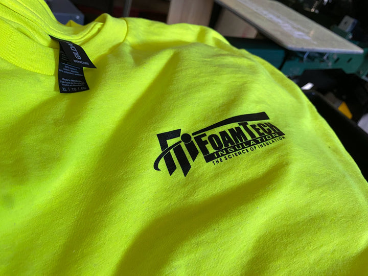 Finished Foam Tech t-shirt left chest print, screen printed by RVA Threads