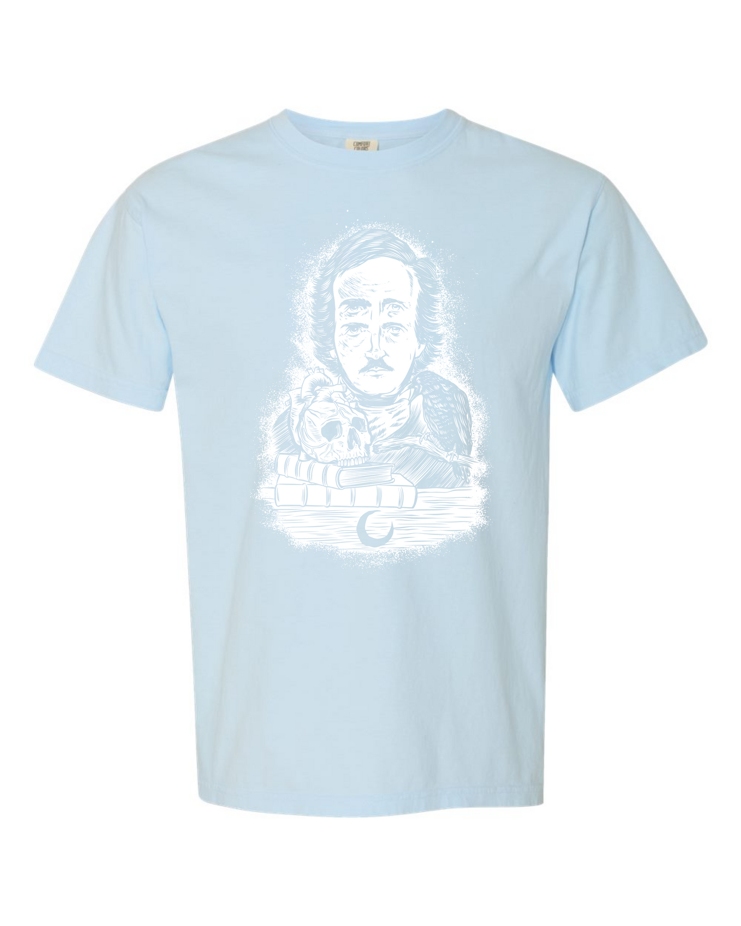 Chambray Comfort Colors 1717 t-shirt with a white Four-Eyed Poe design by Burrito Breath, Edgar Allan Poe with a raven and a skull on books, screen printed by RVA Threads