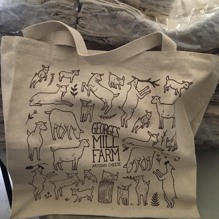 Finished George's Mill Farm tote bag, screen printed by RVA Threads
