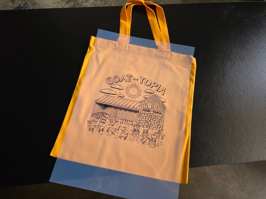 Goat-Topia custom screen printed tote bag at RVA Threads screen printing, Virginia