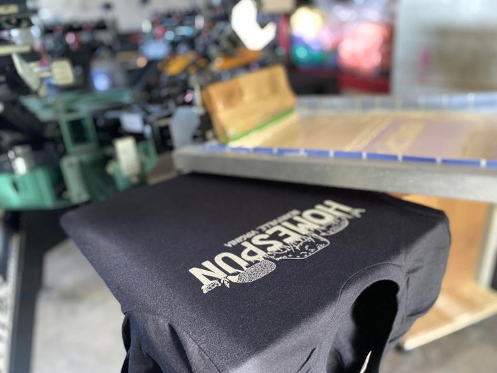 Finished Homespun t-shirt, screen printed by RVA Threads