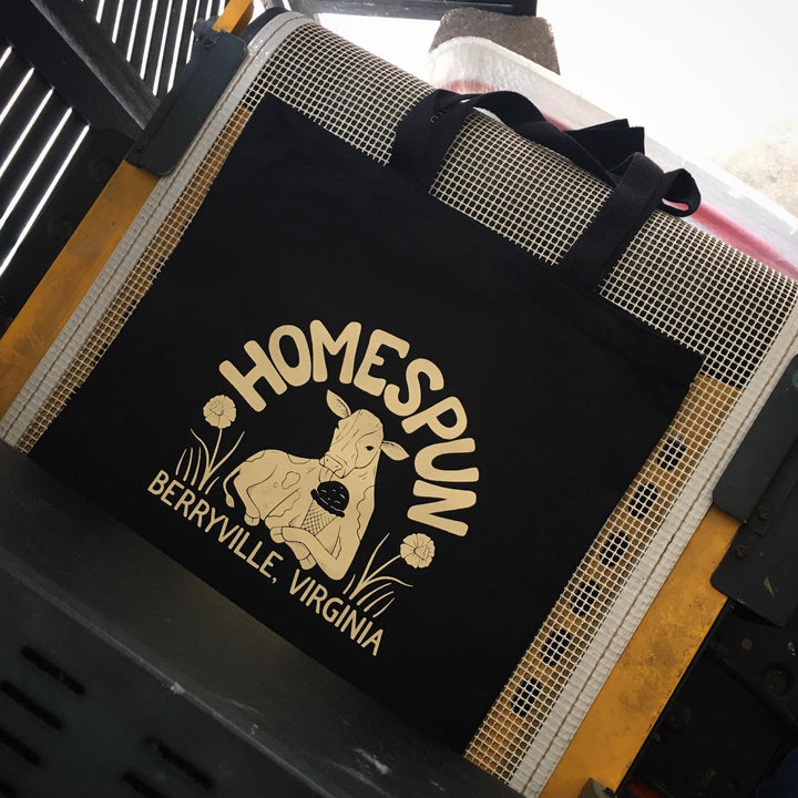 Finished Homespun tote bag, screen printed by RVA Threads
