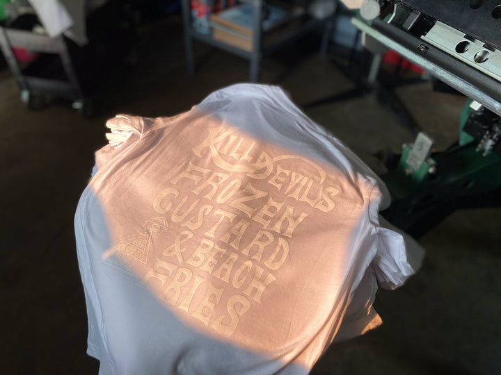 Finished Kill Devils Custard t-shirt back print, screen printed by RVA Threads