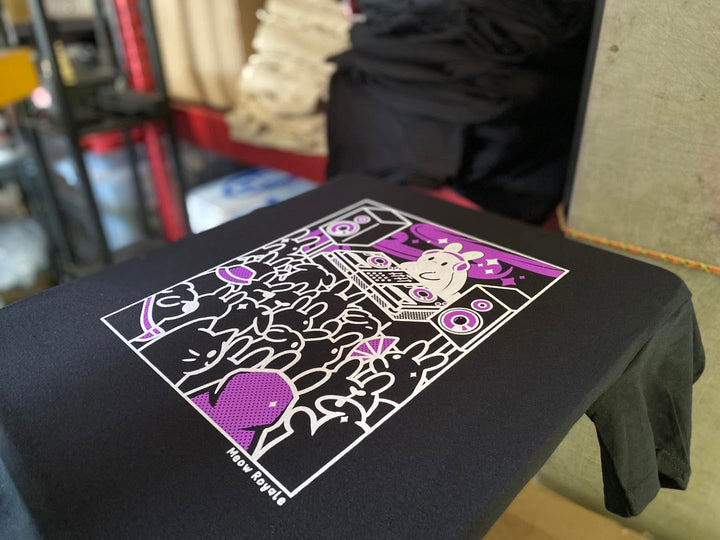 Finished Meow Royale t-shirt, screen printed by RVA Threads