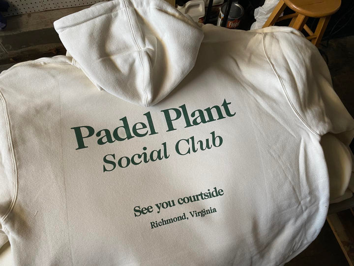 Finished Padel Plant Social Club hoodie, screen printed by RVA Threads
