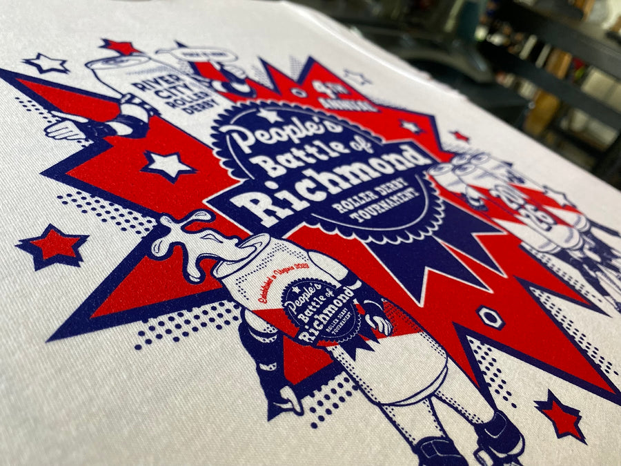 People's Battle of Richmond roller derby print close up at RVA Threads screen printing, Virginia