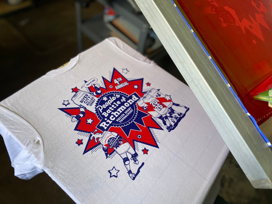 People's Battle of Richmond roller derby tournament shirt, red and blue print at RVA Threads screen printing, Virginia
