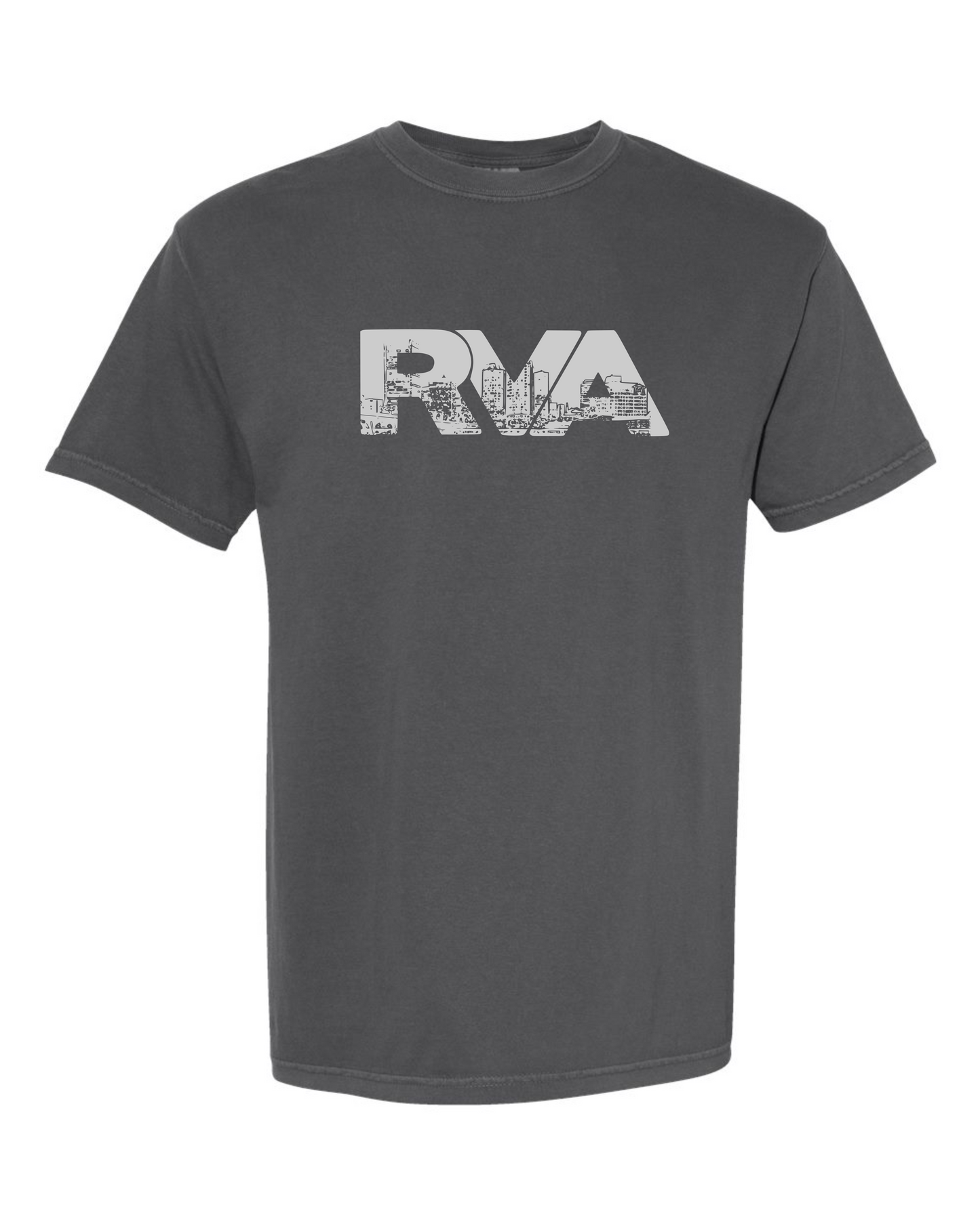 Pepper Comfort Colors 1717 t-shirt with a grey RVA logo containing the Richmond skyline, screen printed by RVA Threads